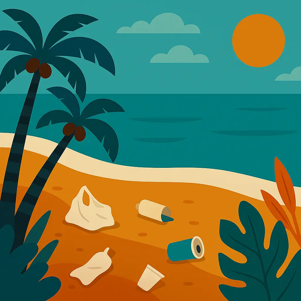 graphic representing rubbish on a tropical beach
