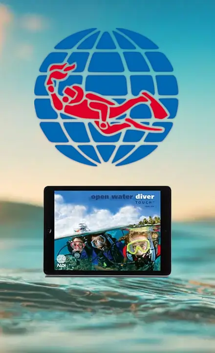decorative and image with a close up of the sea surface at sunset as the background. On top is the PADI globe logo and a representation of a PADI elearning app open on an ipad or tablet device