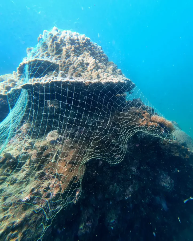 a large discarded fishing net caught on a hard coral reef