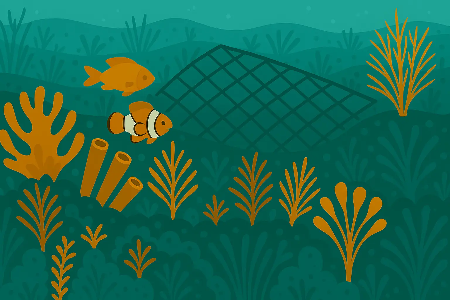 graphic representing a coral reef with a discarded fishing net