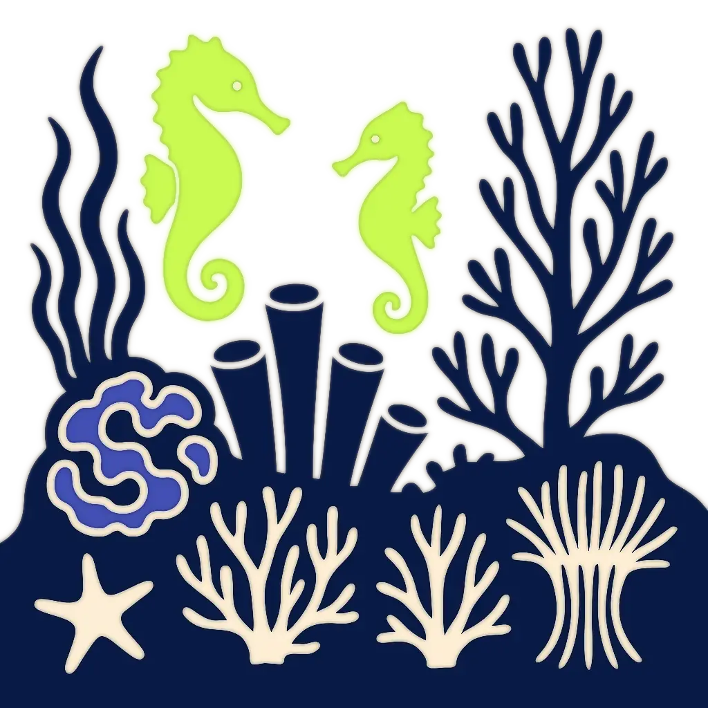 graphic of reef with seahorses