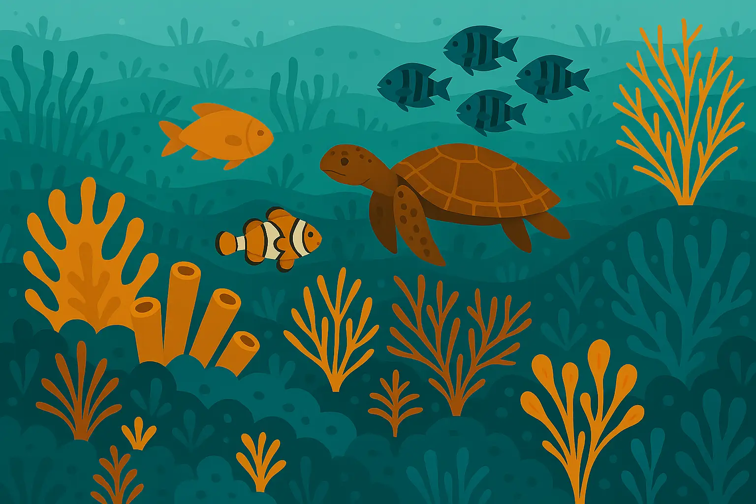 graphic representing a coral reef with a turtle and fish