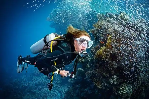 a female scuba diver swims past a rocky coral outcrop covered with colourful soft corals and surrounded by hundreds of tiny silver fish